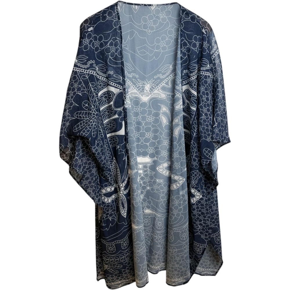 Kimono Ruana 3X Navy Blue White Floral Flowy Sheer Boho Beach Chic Cover Up